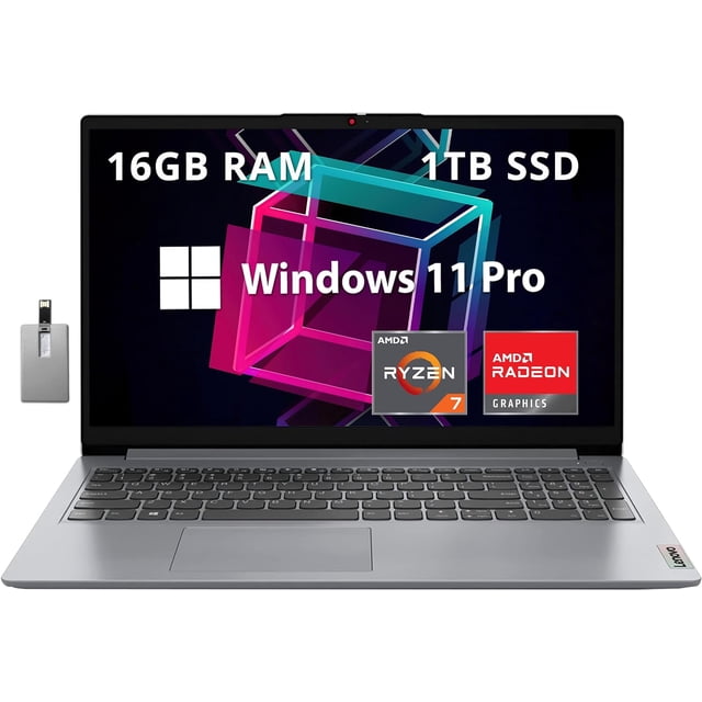 Lenovo IdeaPad 1 15 .6 Pouces FHD Ordinateur Portable Anti-Reflet, AMD Ryzen 7 5700U, 16 Go RAM, 1 To PCIe SSD, AMD Radeon Graphics, Webcam HD, WiFi 6, Bluetooth, Win 11 Pro, Gris Nuage, Carte USB 32 Go Hotface