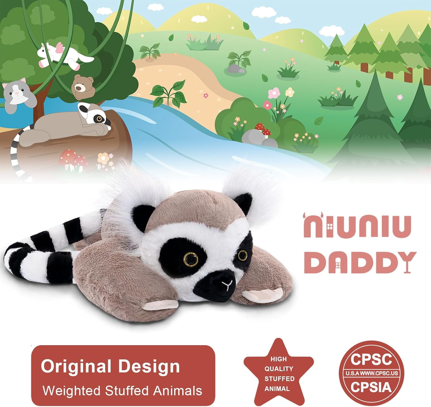 Niuniu Daddy Weighted Lemur Stuffed Animal- 20"Large Cute Plush Toys 3.3-Pound Giant Weighted Plushie Body Pillow with Soft Faux Fur, Gift for Kids, Adults & Girls, Thanksgiving Christmas Gift