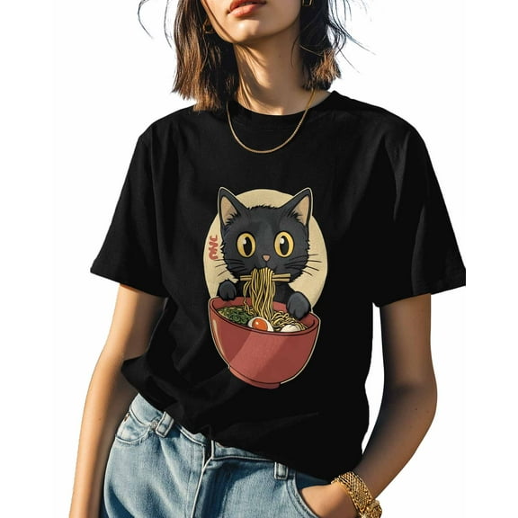 Ramen Cat Cute Animal Womens Tshirt Graphic Tees Cotton Crew Neck T-Shirts, Casual Short Sleeve Shirts for Women Teen Girl Cartoon Style