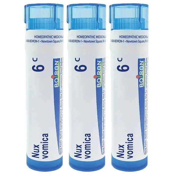 Boiron Nux Vomica 6C, Homeopathic Medicine for Heartburn Or Drowsiness Due To Excessive Eating Or Drinking, 3 Count (3 x 80 Pellets)