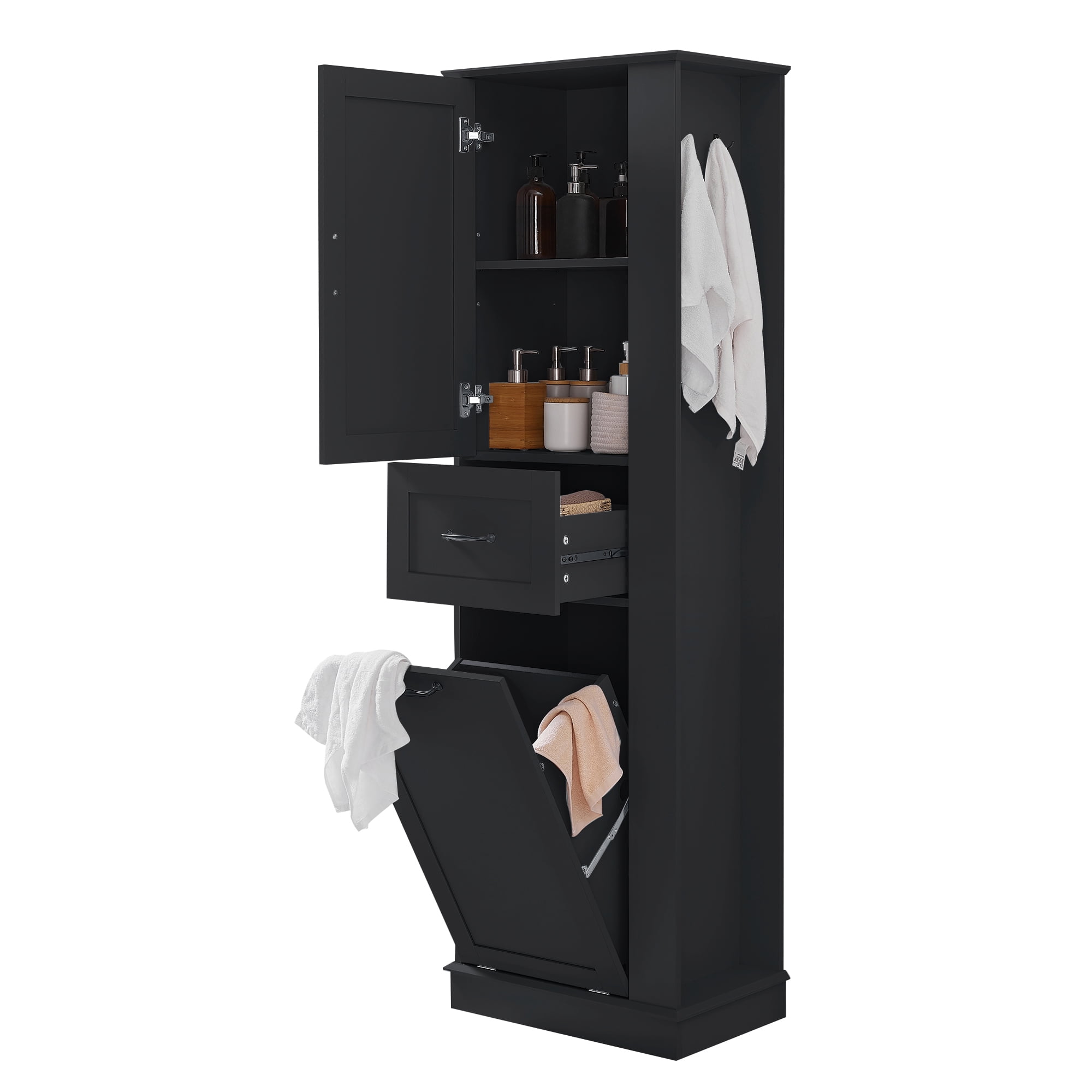 Tall Storage Cabinet 67.8 Inch, Bathroom Organizer with Tilt-Out Compartment and Adjustable Shelves, Tall Narrow Cabinet for Laundry Room and Kitchen, Black