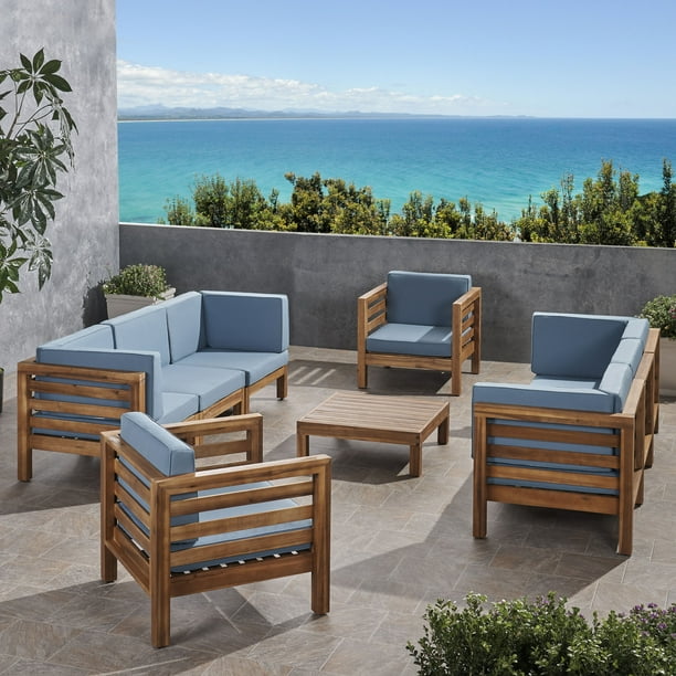 Emma Outdoor 8 Seater Acacia Wood Sofa and Club Chair Set, Teak Finish