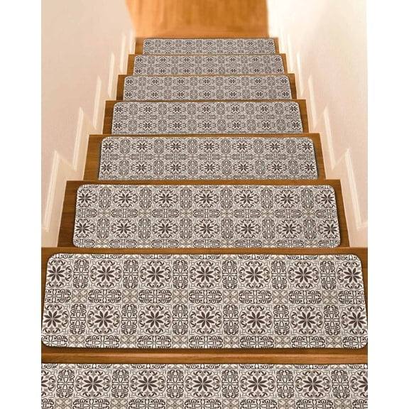 Brown Abstract Floral Non-Slip Stair Treads for Wooden Steps, 15 Pack 8x30 Inch Carpet Stair Mats with Adhesive Backing, Noise-Reducing Step Covers for Indoor Stairs, Easy to Install & Residue-Free