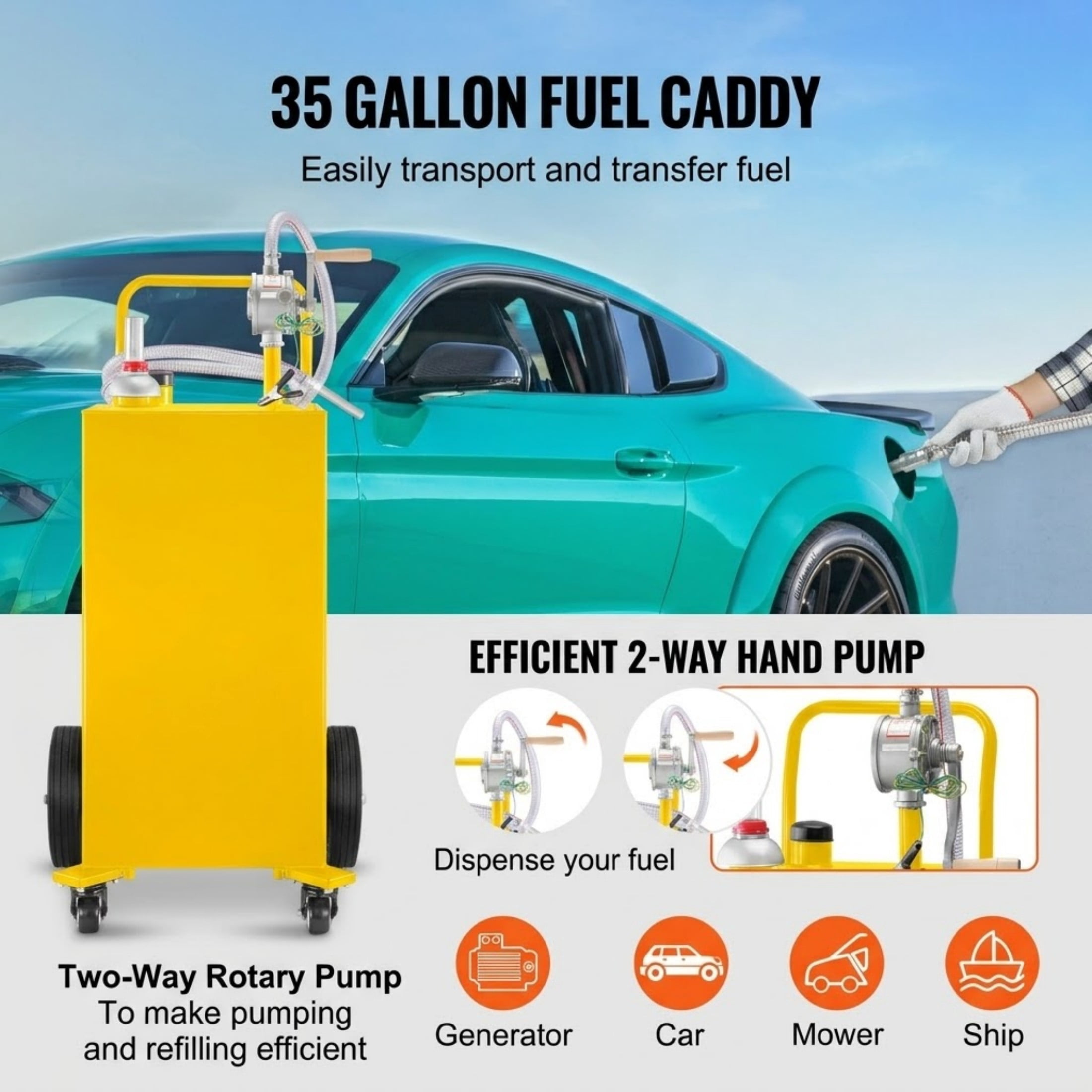 35 Gallon Fuel Caddy, Portable Gas Storage Tank on 4 Wheels with Manual Transfer Pump, Yellow Gasoline & Diesel Container