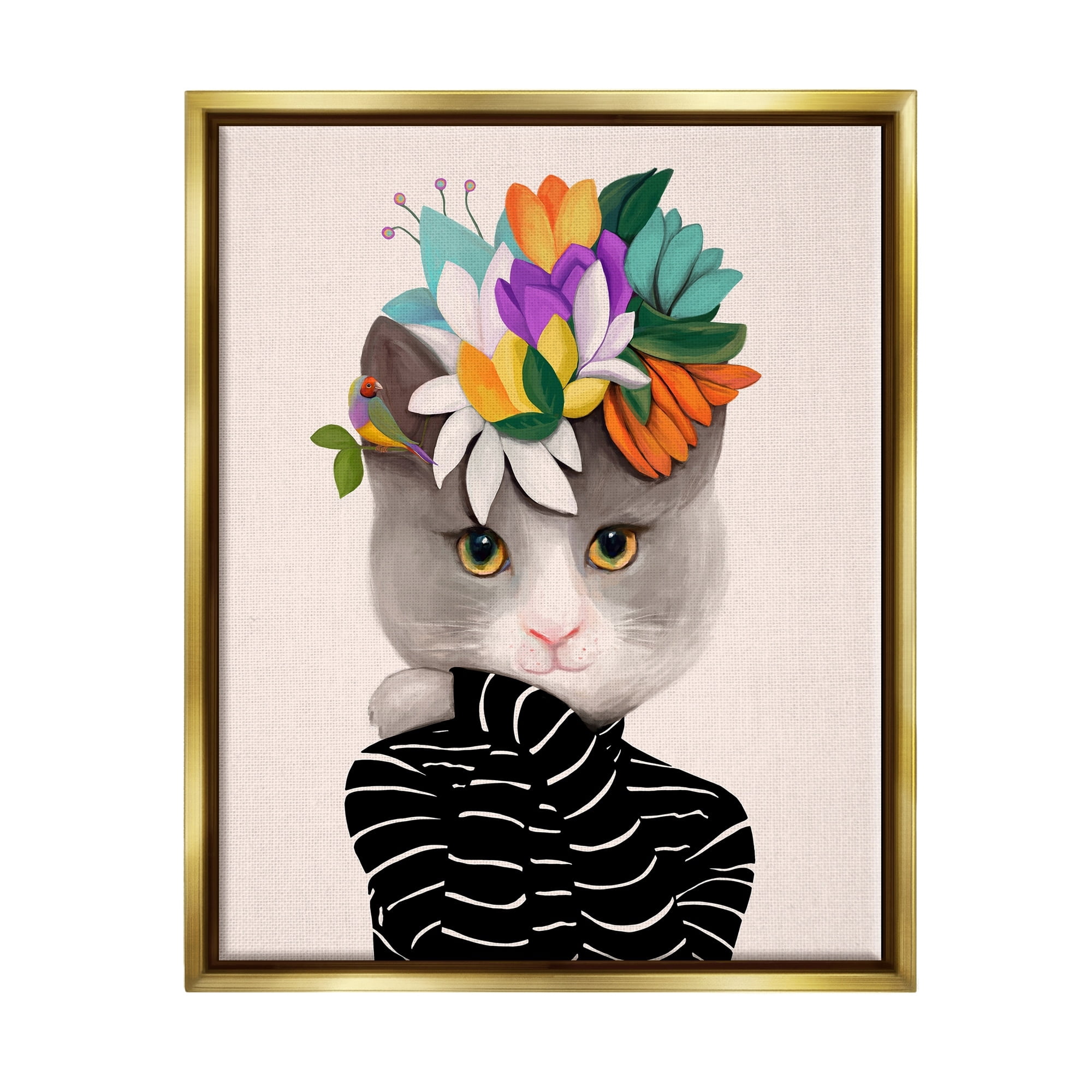 Stupell Industries Bold Floral Design Grey Cat Striped Sweater Metallic Gold Framed Floating Canvas Wall Art, 16x20, by Ioana Horvat