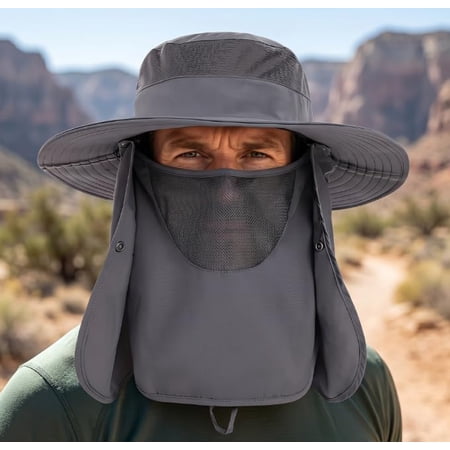 Dark Gray Wide Brim Sun Hat with Neck Flap for Men Sun Protection Quick Dry Breathable Fishing Hat for Outdoor