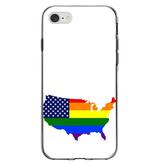 DistinctInk Clear Shockproof Hybrid Case for iPhone 7 8 SE (2020 Model) 4.7" Screen TPU Bumper Acrylic Back Tempered Glass Screen Protector - US Map Gay Pride Flag - Show Your LGBTQ Support