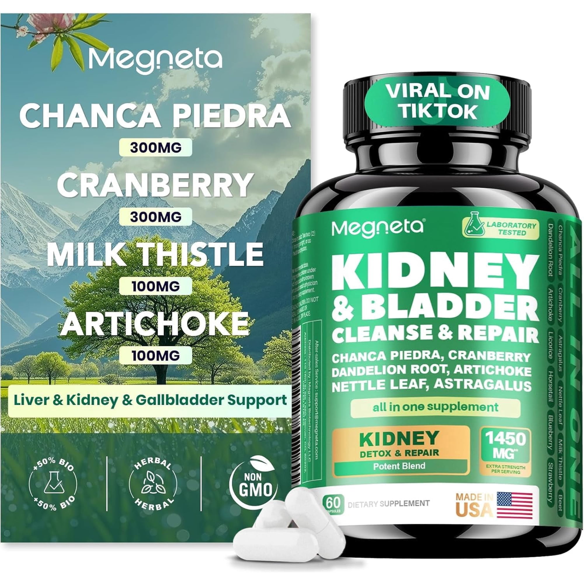 Kidney Bladder Liver Cleanse Detox & Repair Support Supplement - 24-in-1 Liposomal with Milk Thistle, Chanca Piedra, Cranberry & Dandelion, Kidney & Urinary Immune Health, 60 Capsules