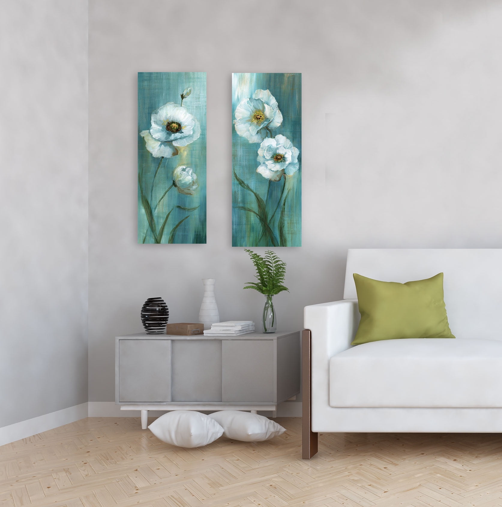 Forest Blossoms 7.5'' x 19.5'' Green-White Canvas Wall Art Print, by Prinz (Set of 2)