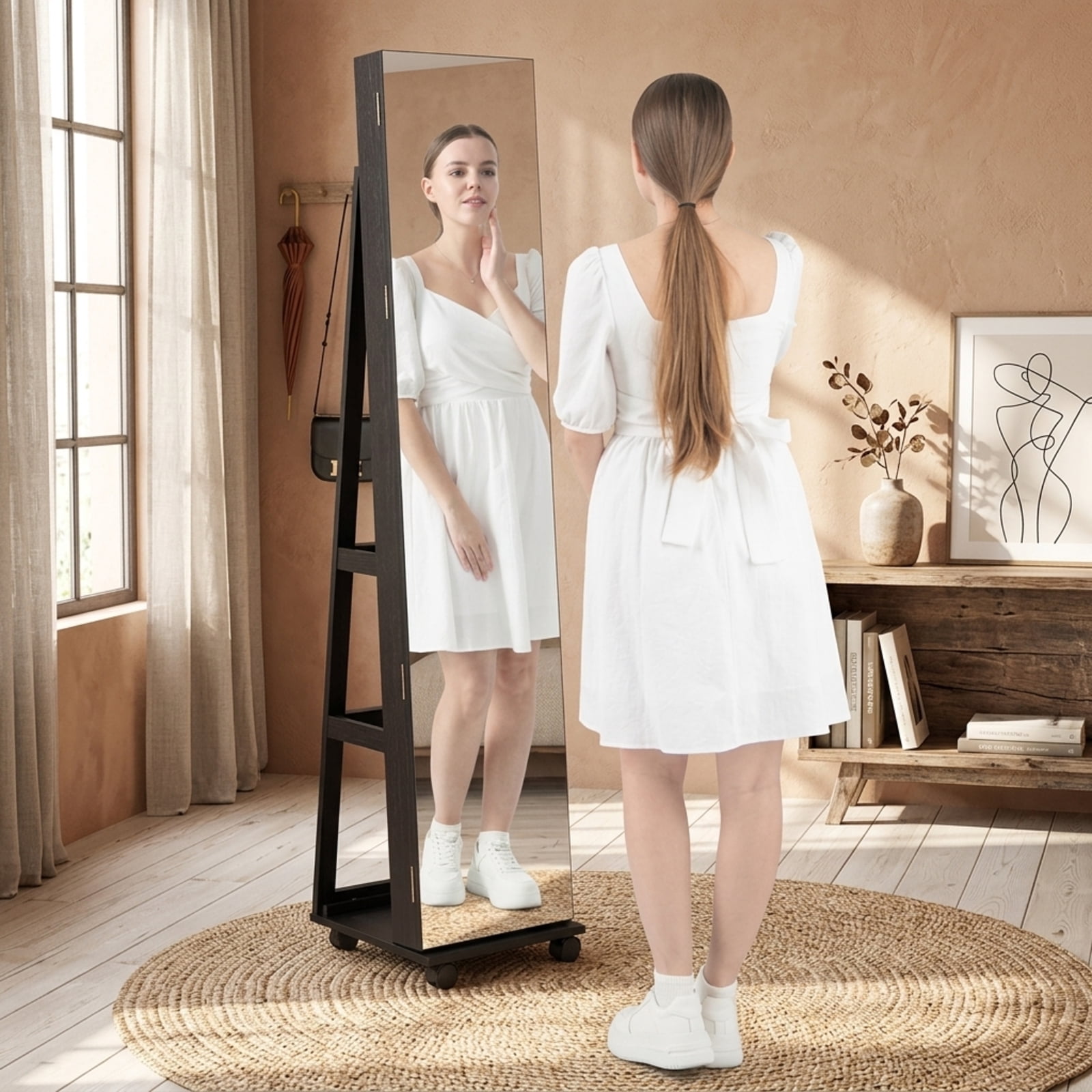Furnibear 64 Inches Lockable Jewelry Cabinet Armoire with Built-in Makeup Mirror for Bedroom Dressing Room Jewelry Necklace Rings Storage, Black