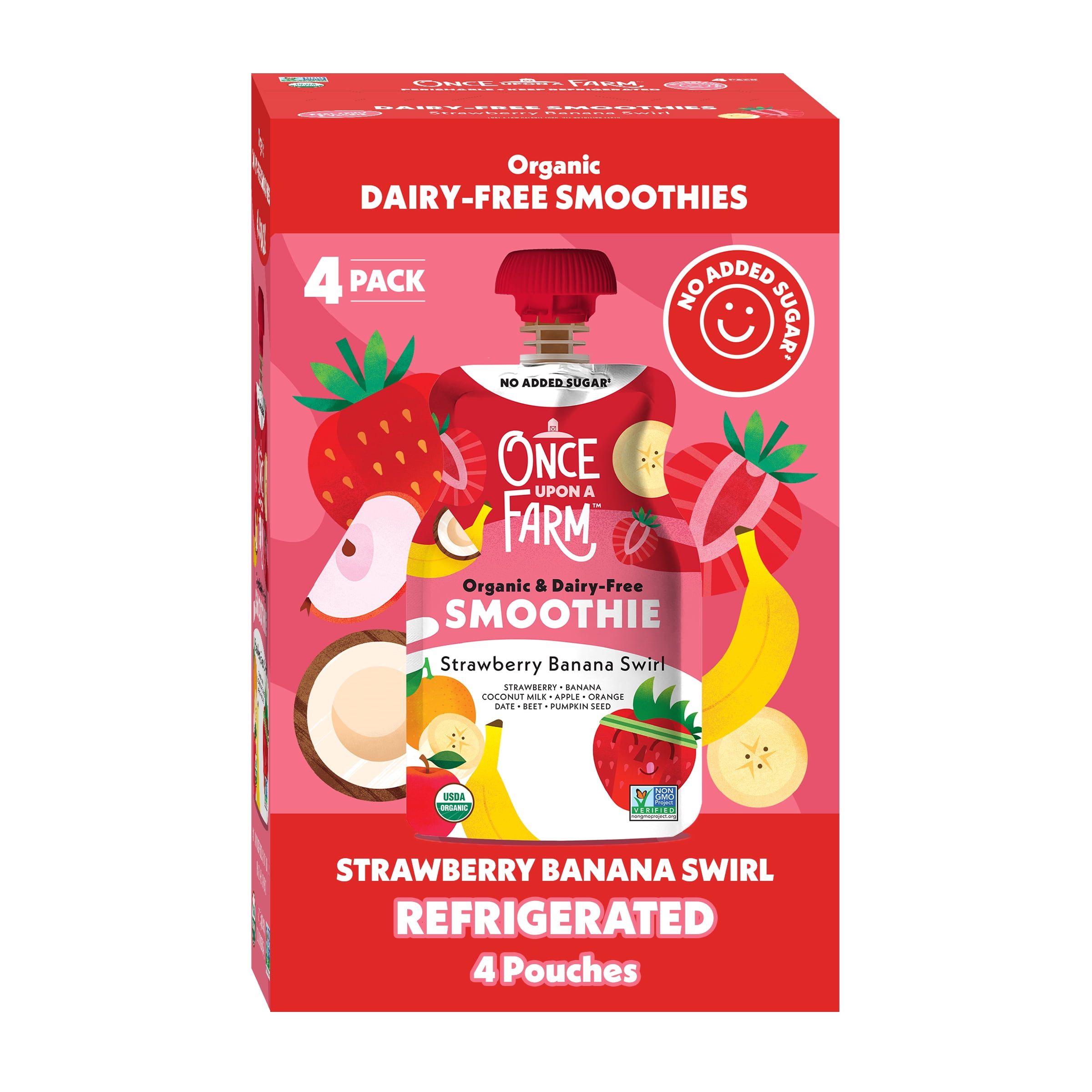 (3 pack) Once Upon a Farm Organic Refrigerated Kids' Snack Strawberry Banana Swirl Dairy-Free Smoothie, 4oz Pouch (4 Pack)