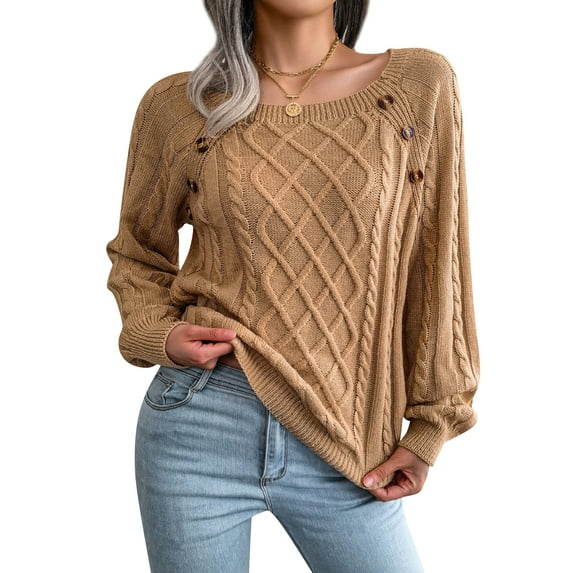 Xuanfei Women Solid Color Long Sleeve Buttons Cable Knit Ribbed Pullover Sweater