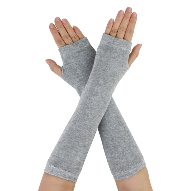 Guantes de punto largos sin dedos para mujer Inspire Chic con agujero para el pulgar, rayas sólidas, gris claro