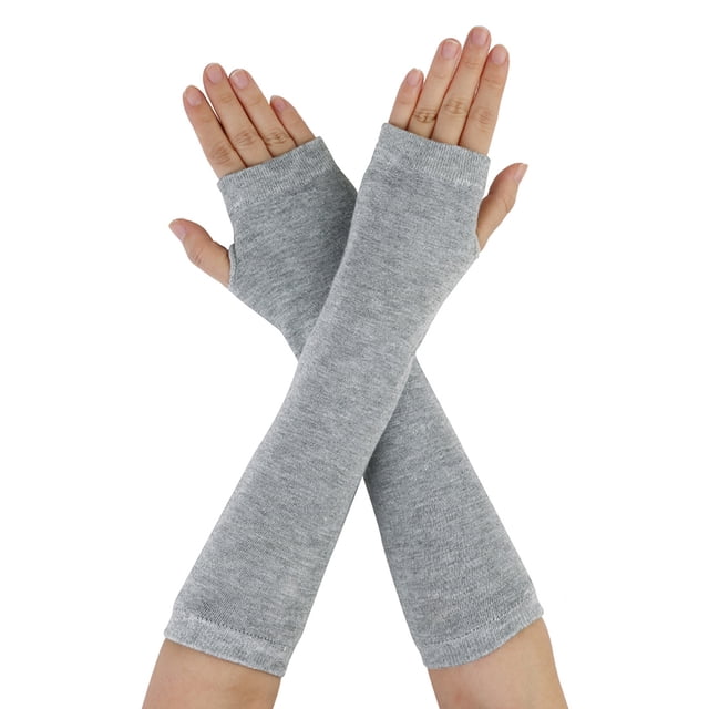 Guantes de punto largos sin dedos para mujer Inspire Chic con agujero para el pulgar, rayas sólidas, gris claro