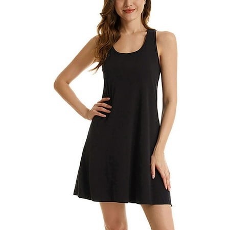 

Frontwalk Women Nightgowns Solid Color Sleep Dress Crew Neck Night Gowns Nightdress Nightwear Pajama Sleeveless Sleepwear Black L