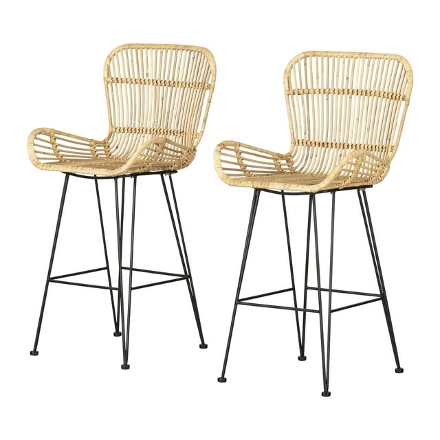 South Shore Balka Rattan Counter Stool with Armrests, Set of 2, in Rattan and Black