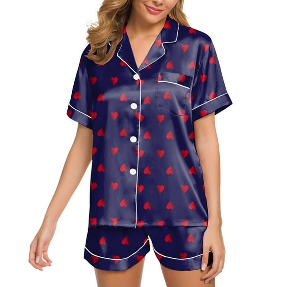 TSADFHJI Women Robes Long Cute Womens Silk Satin Pajamas Set Two Piece Pj Sets Sleepwear Loungewear Button down Pj Sets M Dark Blue