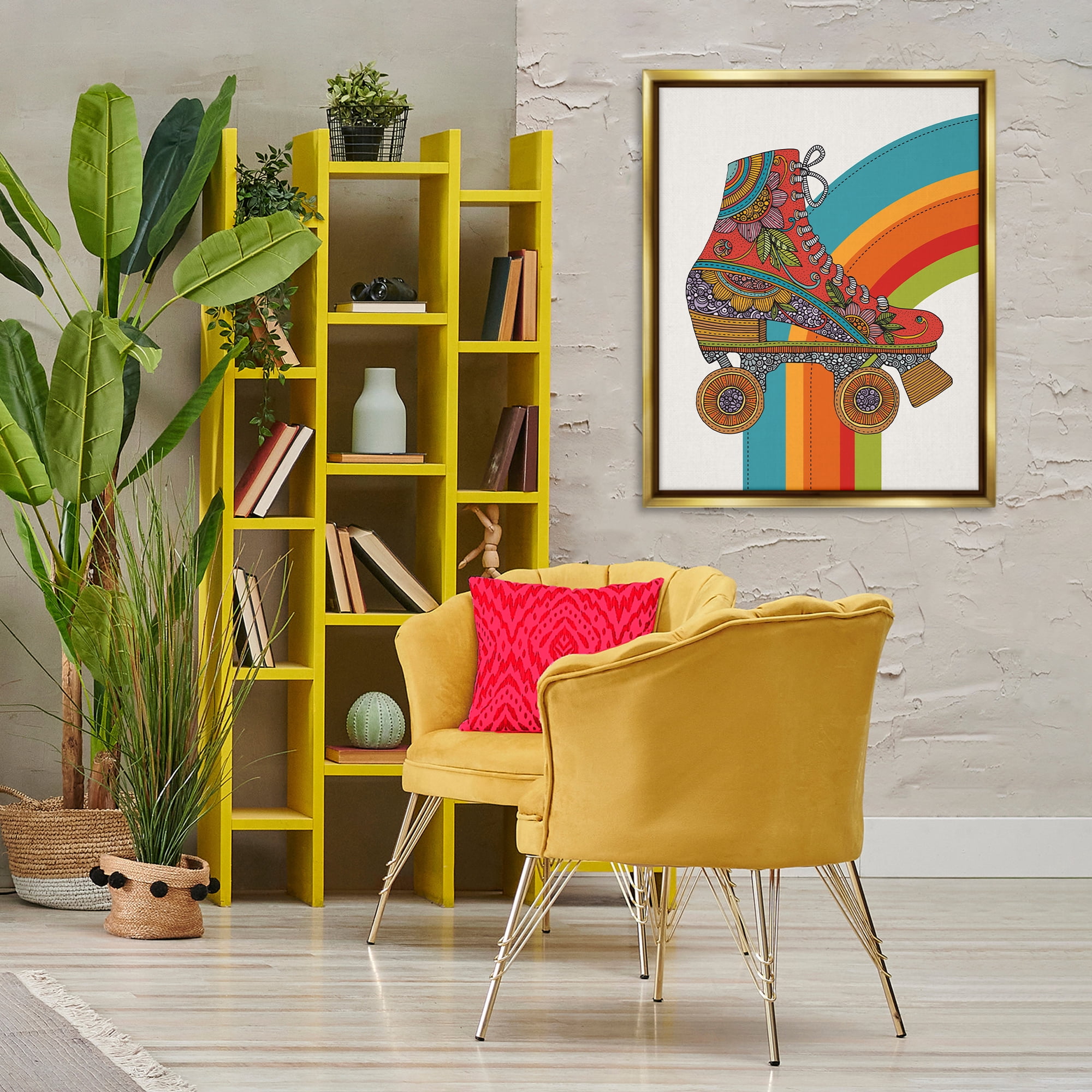 Stupell Industries Vintage Boho Roller Skate Entertainment Painting Gold Floater Framed Canvas Art Print Wall Art, 25 x 31
