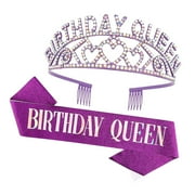 SKYSONIC Rose Birthday Queen Rhinestone Tiara and Sash - Birthday Glitter Decorations for Women (Multi Color Letter)