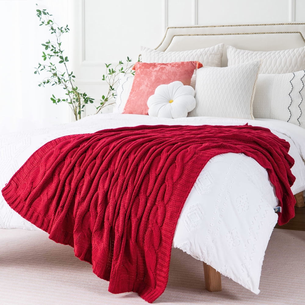 Burgundy Cable Knit Blanket for Sofa,Decorative Red Knitted Throw Blanket for Christmas Decor,50"x60"