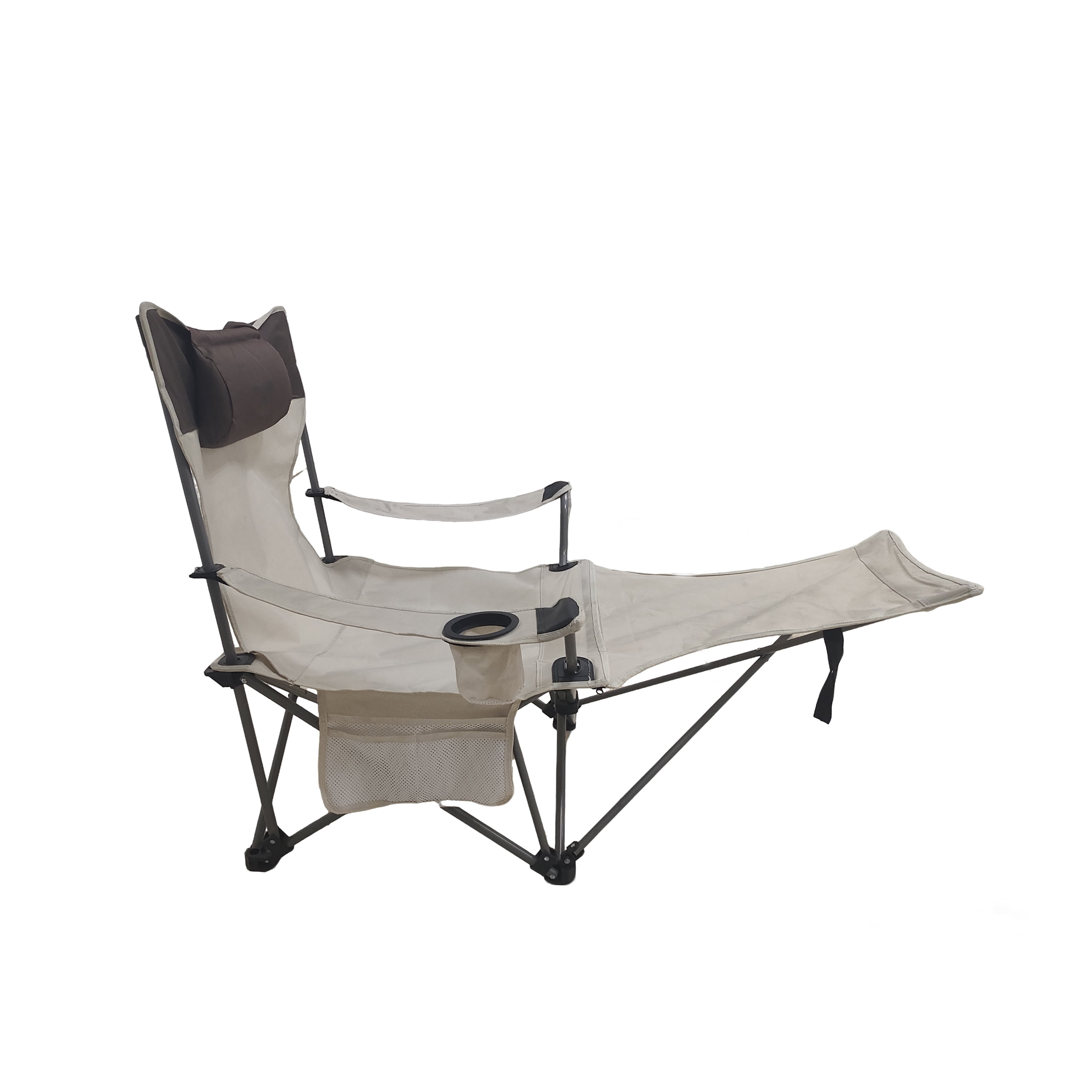 Set of 2 Folding Camping Chairs with Adjustable Recline and Cup Holder, Portable Outdoor Lounge Chairs and Beach Seats with Side Pockets, Beige