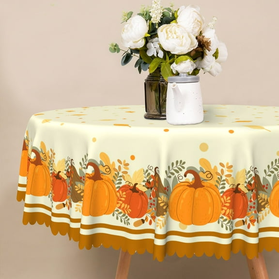 Nanqianyi Autumn Pumpkins Yellow Round Tablecloth 60 inch, Waterproof Table Cloth Cover for Kitchen, Dinning, Party Decor