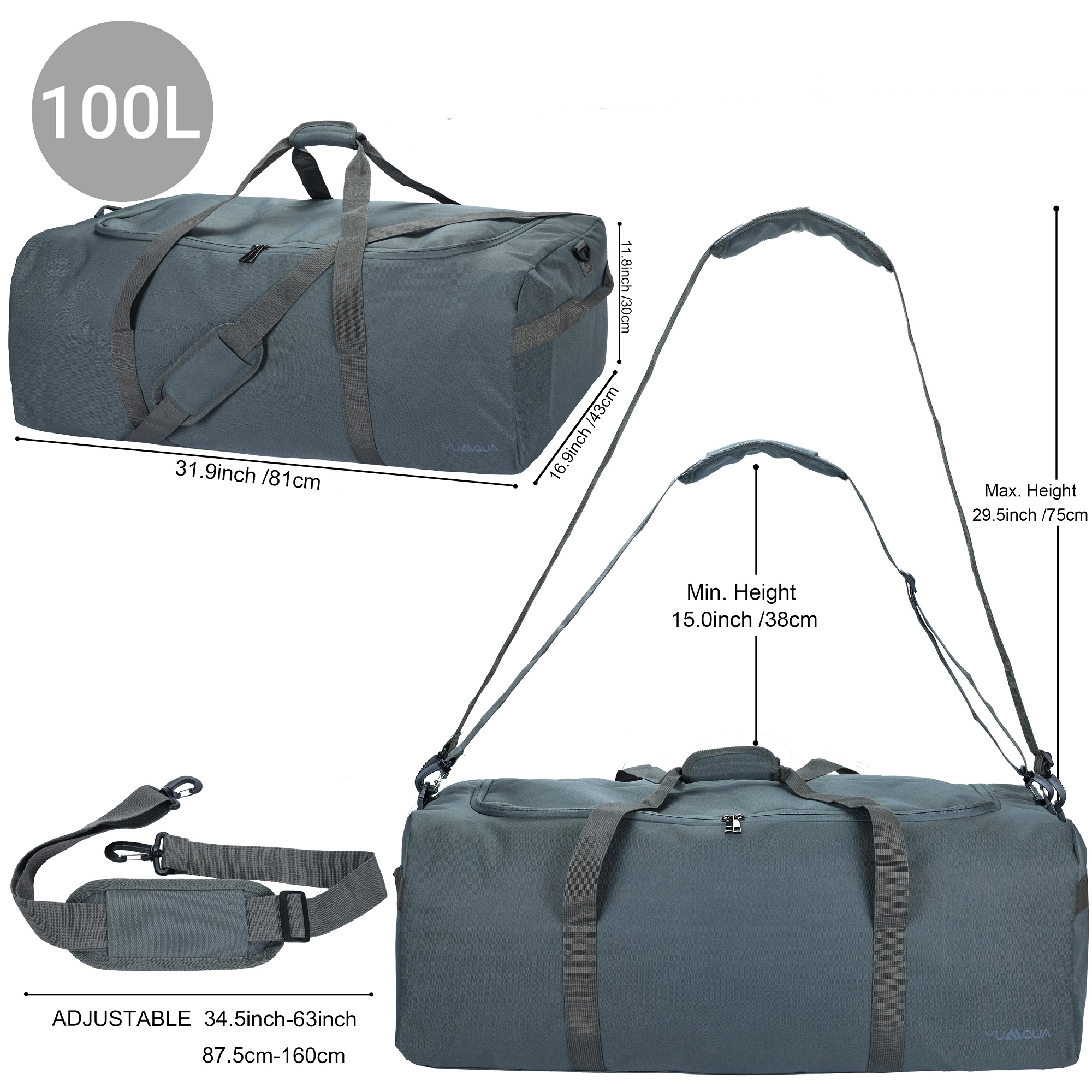 YUMQUA 100L Travel Duffle Bag with Shoulder Strap, Large Camping Gear Storage Weekender Bag Overnight, Gym Bag for Men Women Water & Tear Resistant (Grey)