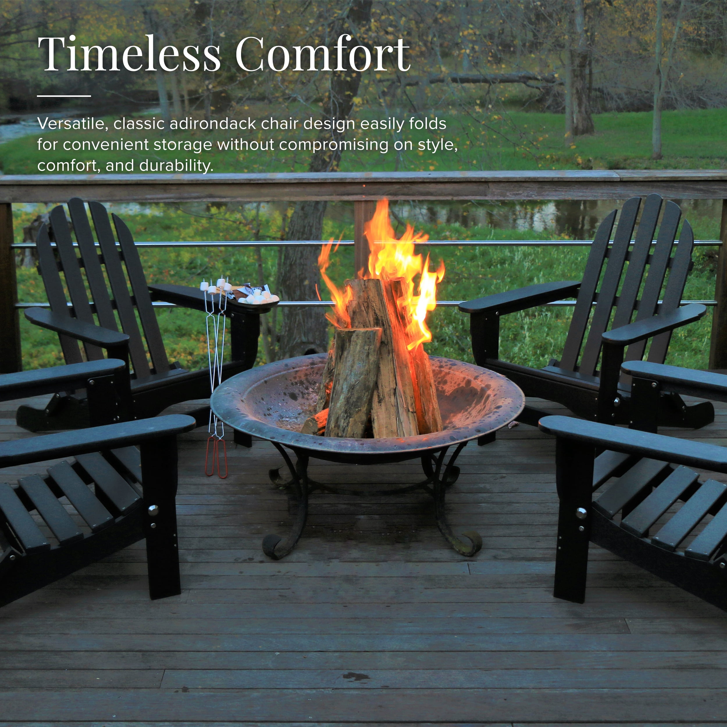 DuroGreen Folding Adirondack Chairs Made With All-Weather Tangent Lumber, Set of 4, Oversized, High End Patio Furniture for Porch, Lawn, Deck, or Fire Pit, No Maintenance, , Black