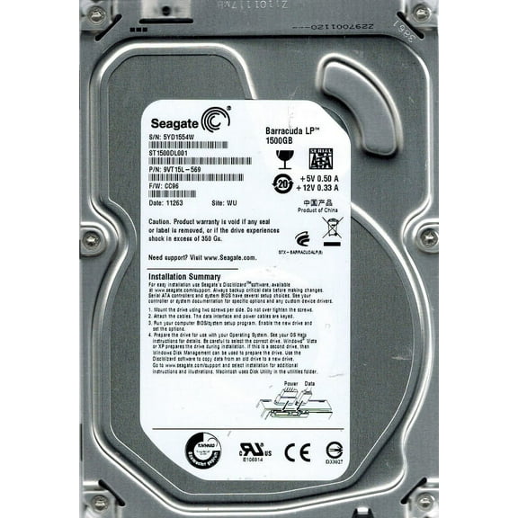 Seagate ST1500DL001 P/N: 9VT15L-569 F/W: CC96 1.5TB WU