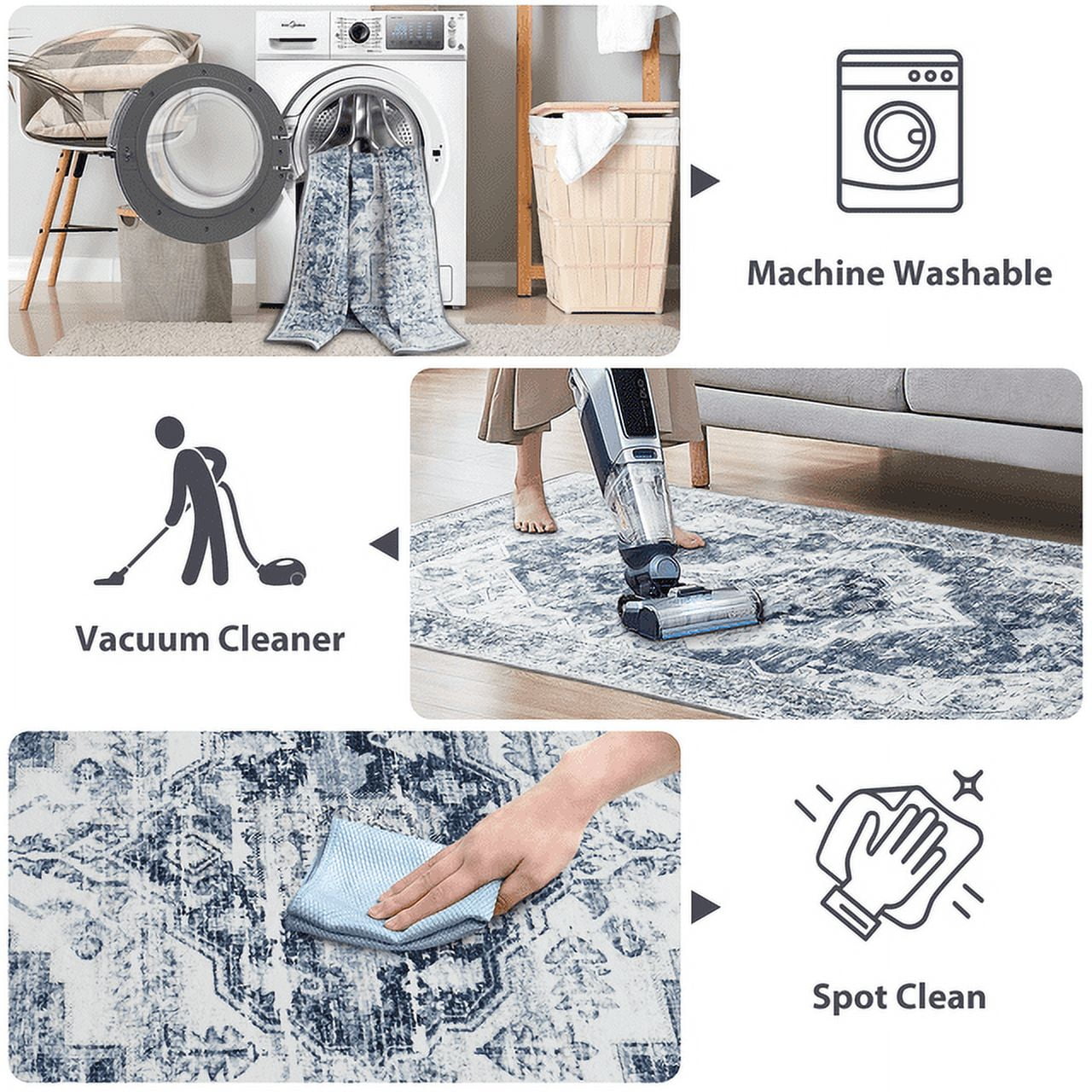 NICETOWN Washable Stain Resistance Area Rug for Living Room, 8'x10' Thin Non-slip Vintage Soft Foldable Carpet for Bedroom, Blue & Grey