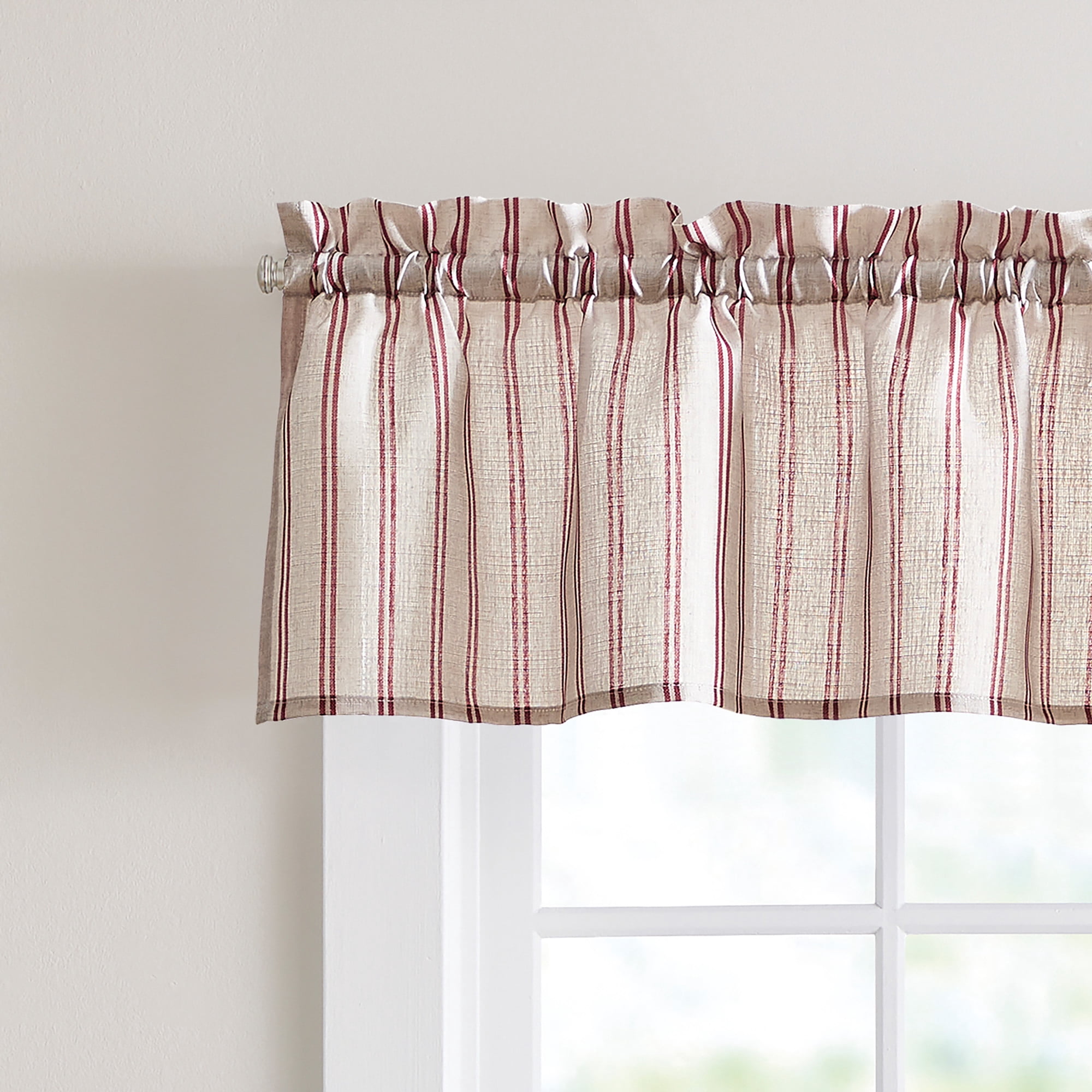 Curtainworks Banner Stripe 3 Piece Tier and Valance Set Red, Indoor, Pole Top, 56," x 14", Adult
