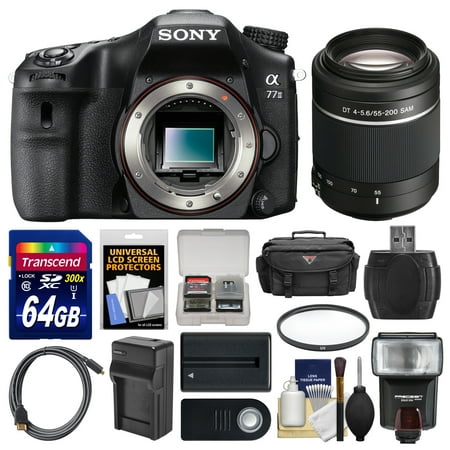 Sony Alpha A77 II Wi-Fi Digital SLR Camera Body with 55-200mm Lens + 64GB Card + Case + Flash + Battery & Charger + Kit