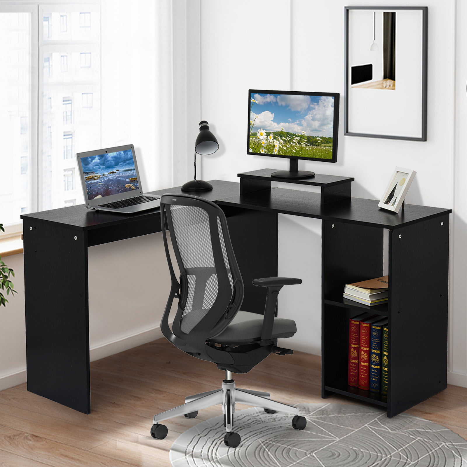ergonomic L-Shaped Desk With Shelf Corner Computer Gaming Desk With Monitor Stand with RGB