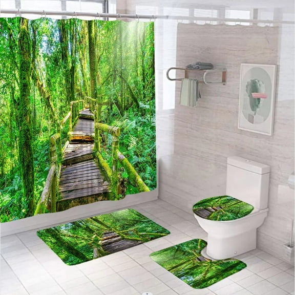 Autumn Forest Shower Curtain Set 4Pcs Tree Natural Scenery Landscape Bathroom Decor Curtains Non-Slip Rug Toilet Cover Bath Mats