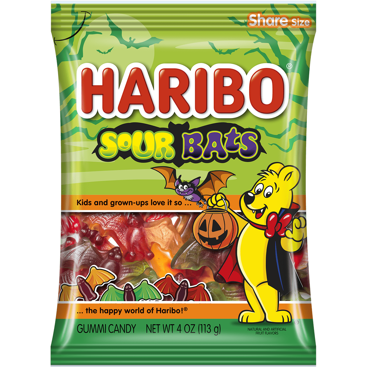 HARIBO Sour Bats Halloween Edition Gummies Bat Shaped Sour Gummy Candy, 4oz, Share Size Peg Bag