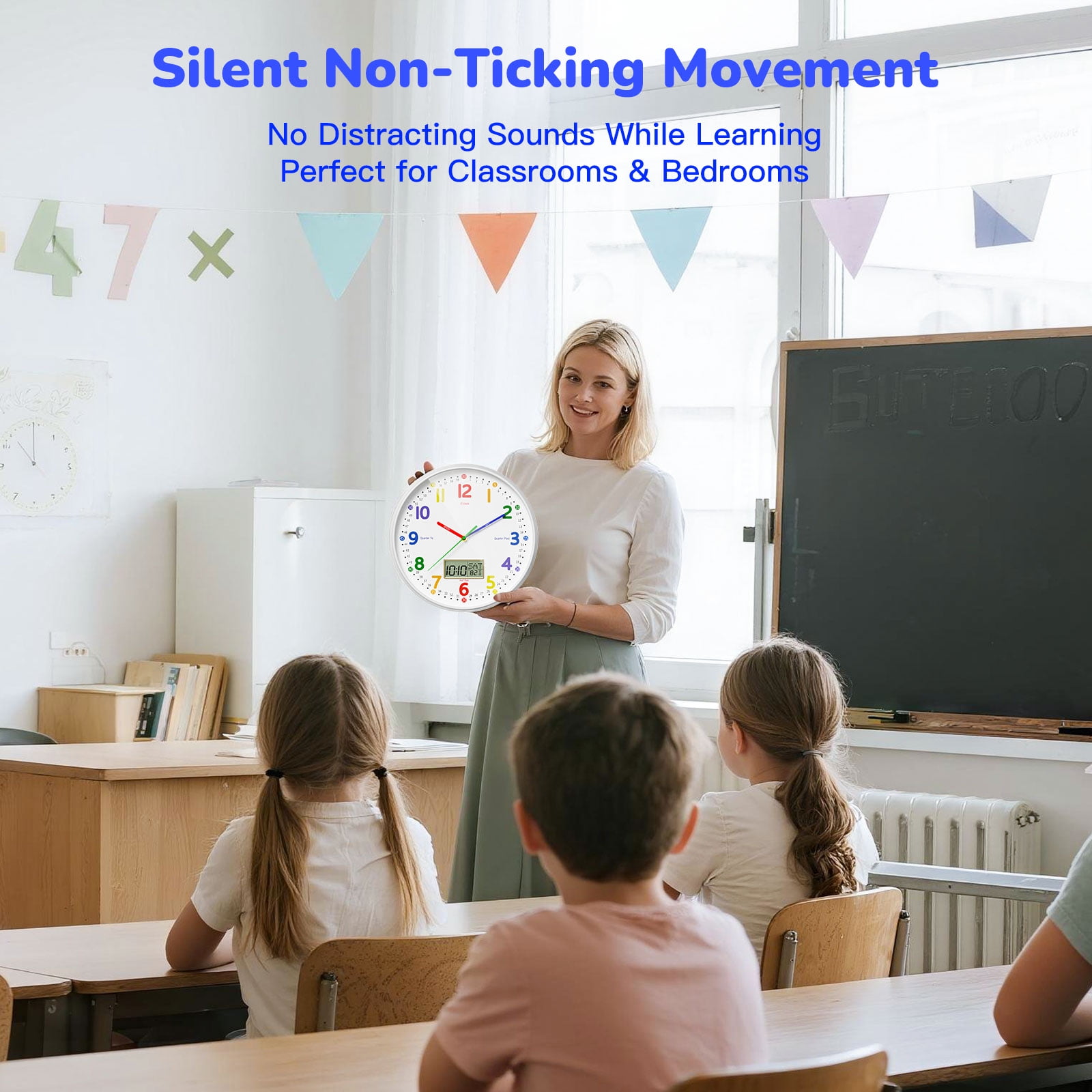 12" Silent Teaching Wall Clock with LCD Date Weekday Temperature Display – Tempered Glass, Non-Ticking Battery Operated Learning Clock for Kids Room, Classroom, Home Decor