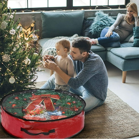 Christmas Wreath Storage Bag, 2 Pcs Garland Holiday Container, Clear Window, Tear Proof Fabric, Easy to Carry, Suitable for Artificial Door Wreaths