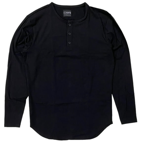 Cuts Clothing Men's Elongated Henley Long Sleeve Signature Slim Fit PYCA Pro Tee T-Shirt (Medium, Black)
