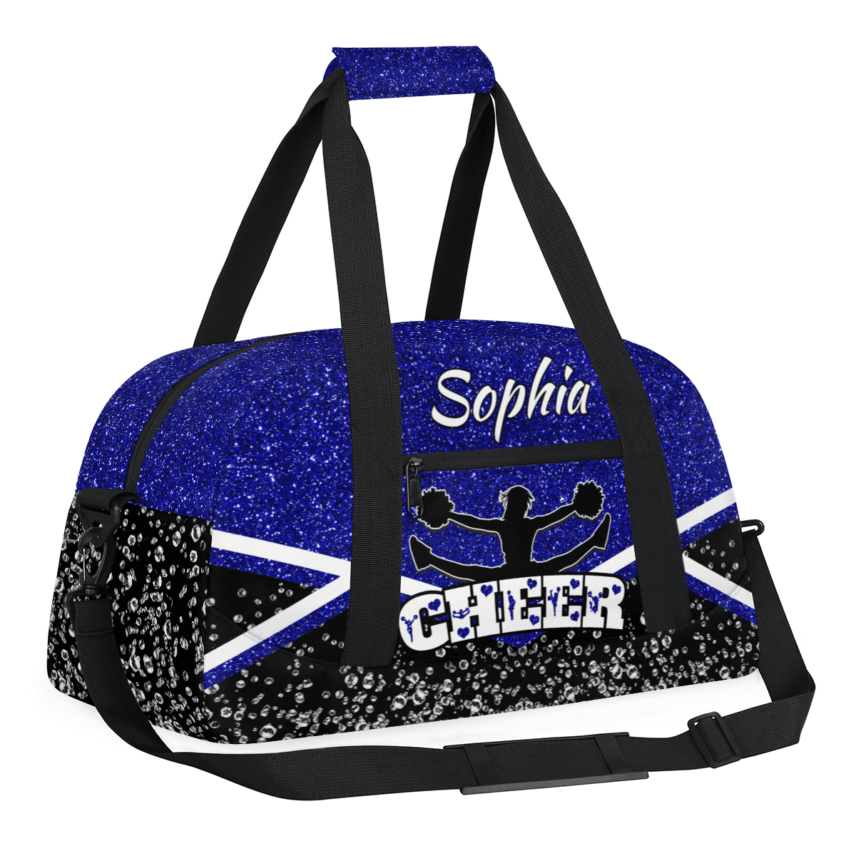 Jiaoprinted Personalized Cheerleader Bag Dance Bag, Custom Sport Gym Bag with Name, Customized Travel Duffel Bag for Cheer Team, Blue Glitter