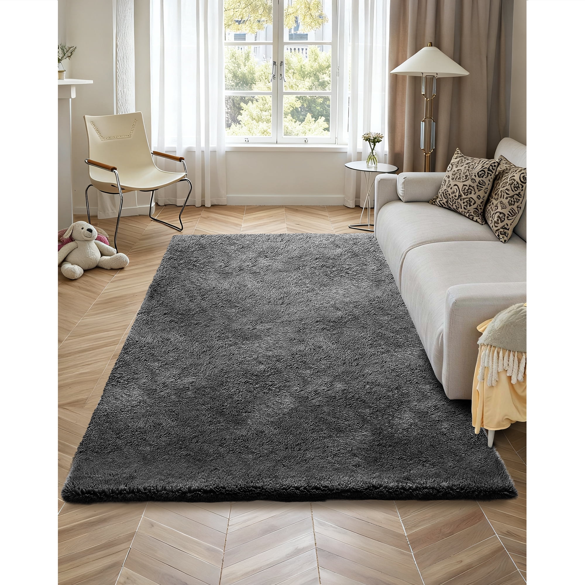 KFFKFF Indoor Plush Area Rugs, 5 x 8 ft Soft Shag Carpet, Furry Area Rugs for Living Room, Bedroom, Sunroom, Modern Home Decoration, Non-Shedding, Non-Woven, Anti-Slip, Dark Gray