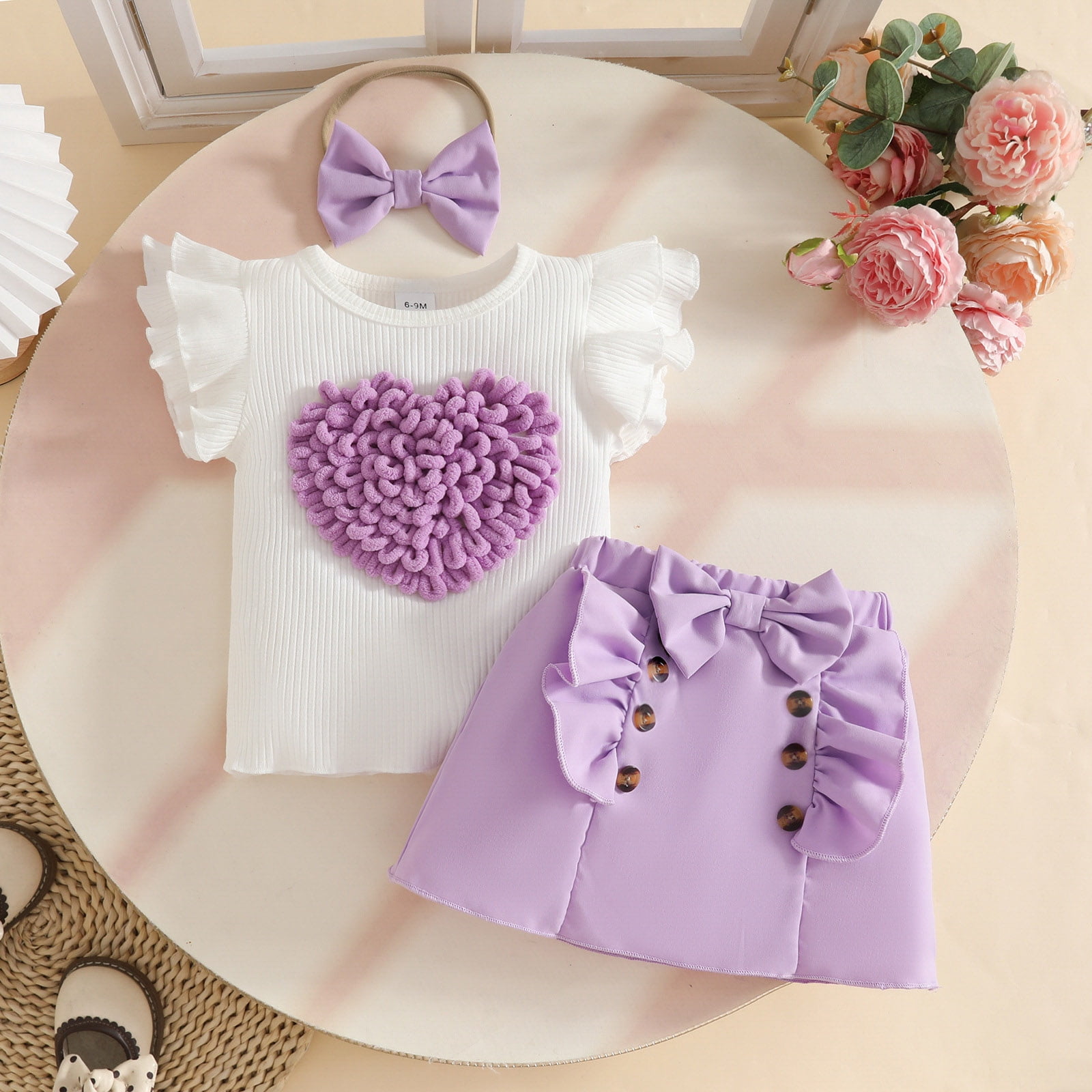 Faraee Toddler Baby Girl Skirts Outfit Infant Summer Clothes Ruffle Sleeveless Knit Vest Top A-Line Skirt Set with Headband (2-3T,Light Purple)