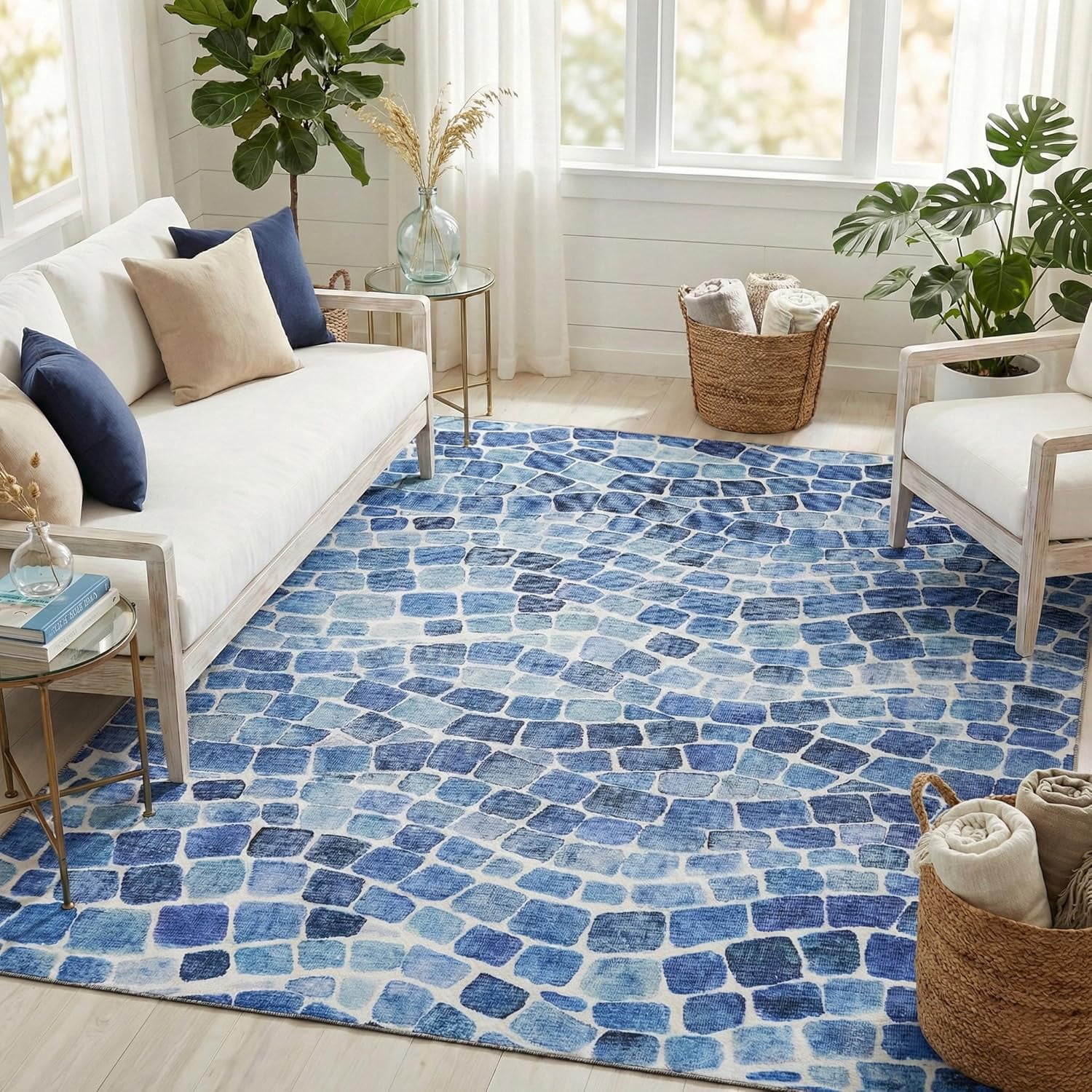 ReaLife Machine Washable Indoor Outdoor - Mat Rug Foldable Printed Thin Lightweight Cushioned Fade Resistant Patio Deck Dock Porch Pool Balcony Camping - Emery- Blue 4' x 6'