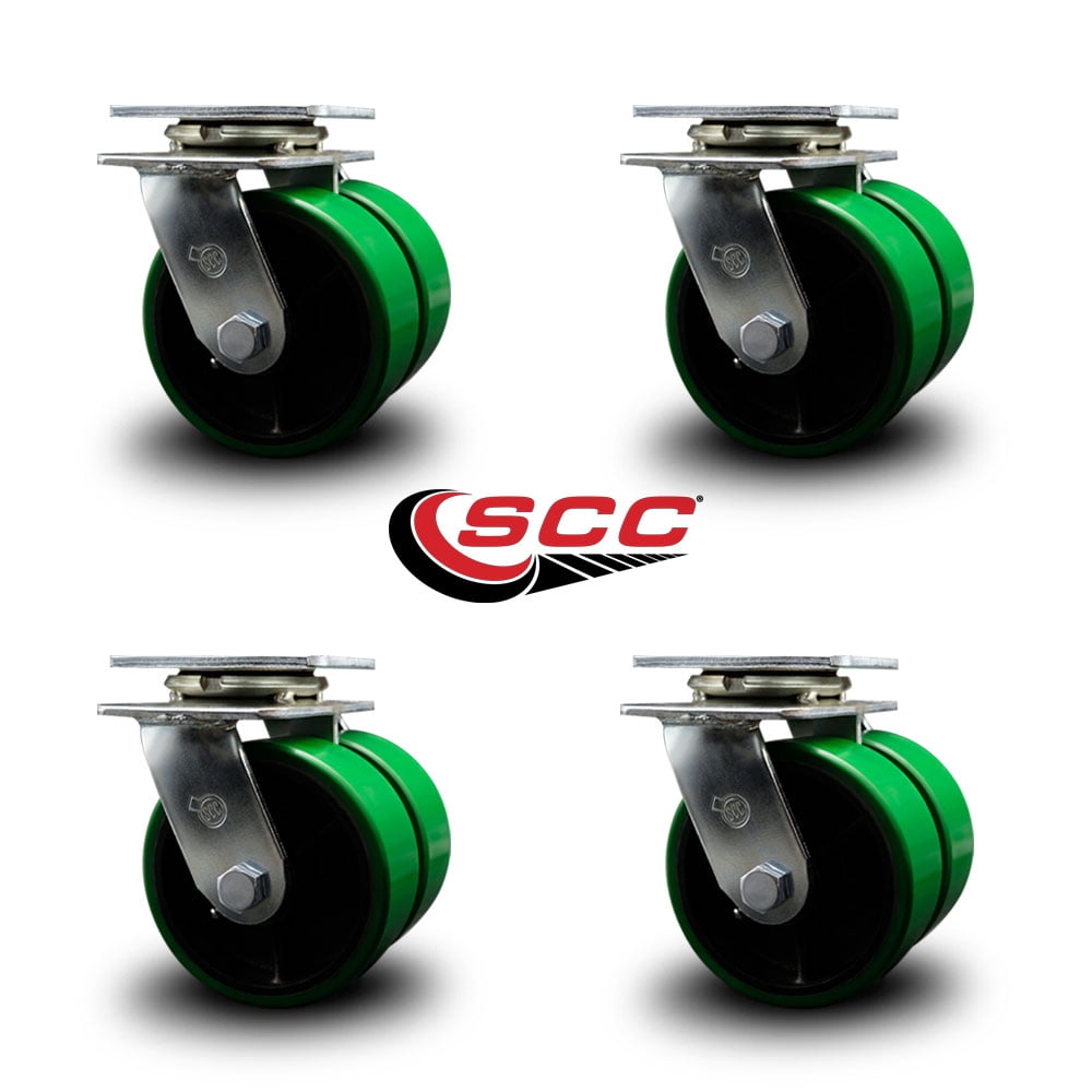 5 Inch Dual Green Poly on Cast Iron Wheels Swivel Caster Set with Ball Bearings