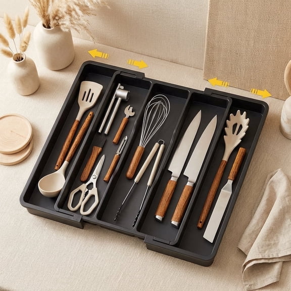 Norcho Utensil Organizer for Kitchen Drawers, Expandable Cooking Utensil Tray, Adjustable Cutlery and Silverware Holder, 13–22 x 15", Black