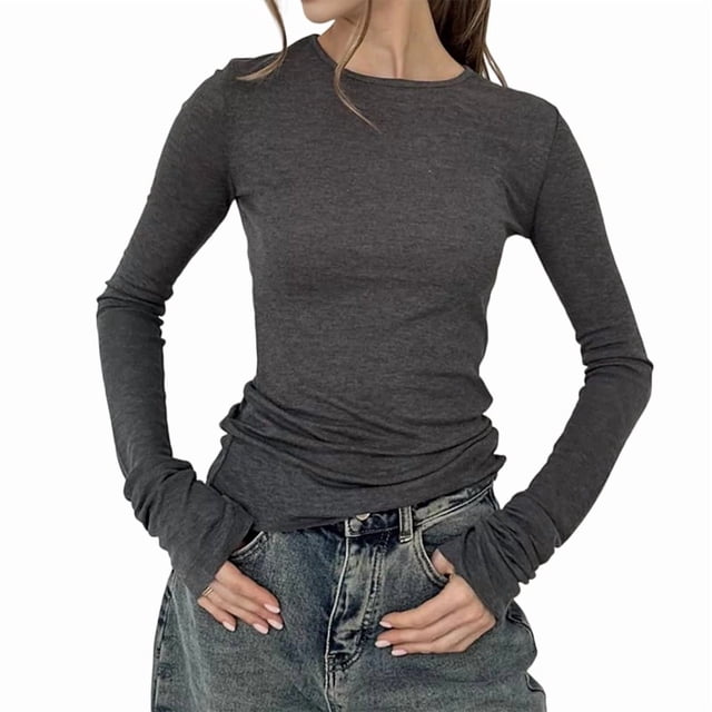 T-shirt à Col Rond pour Femmes à Manches Longues Ajusté, T-Shirts Unis, Automne Y2k, Courts pour Sorties, Jolis Chandails Moulants, Gris, M