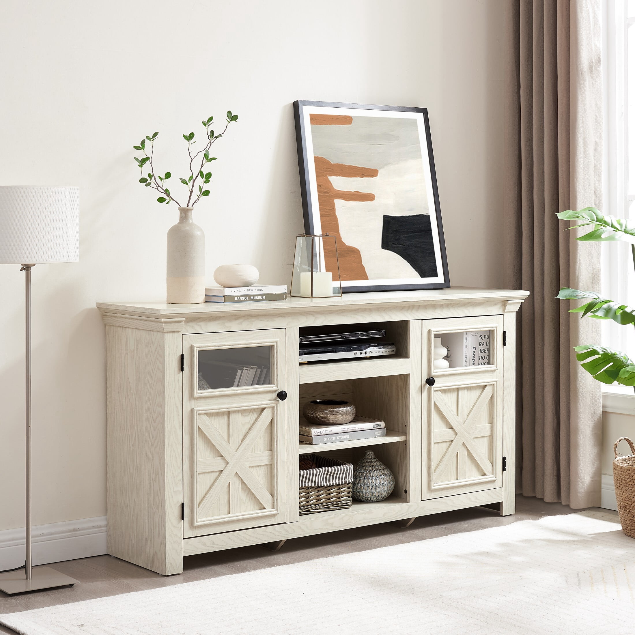 DEALTOPS Farmhouse TV Stand with Spacious Cabinets, Console Table with Adjustable Shelves for TVs Up to 65'', Antique White