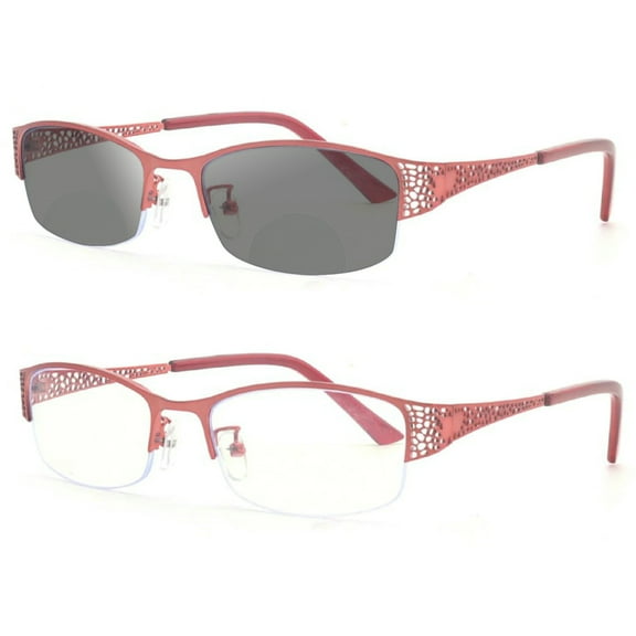 Fashion Transition Sunglasses Photochromic Bifocal Reading Glasses Women's Bifocal Reading Sun Glasses Metal Frame Red Readers Female