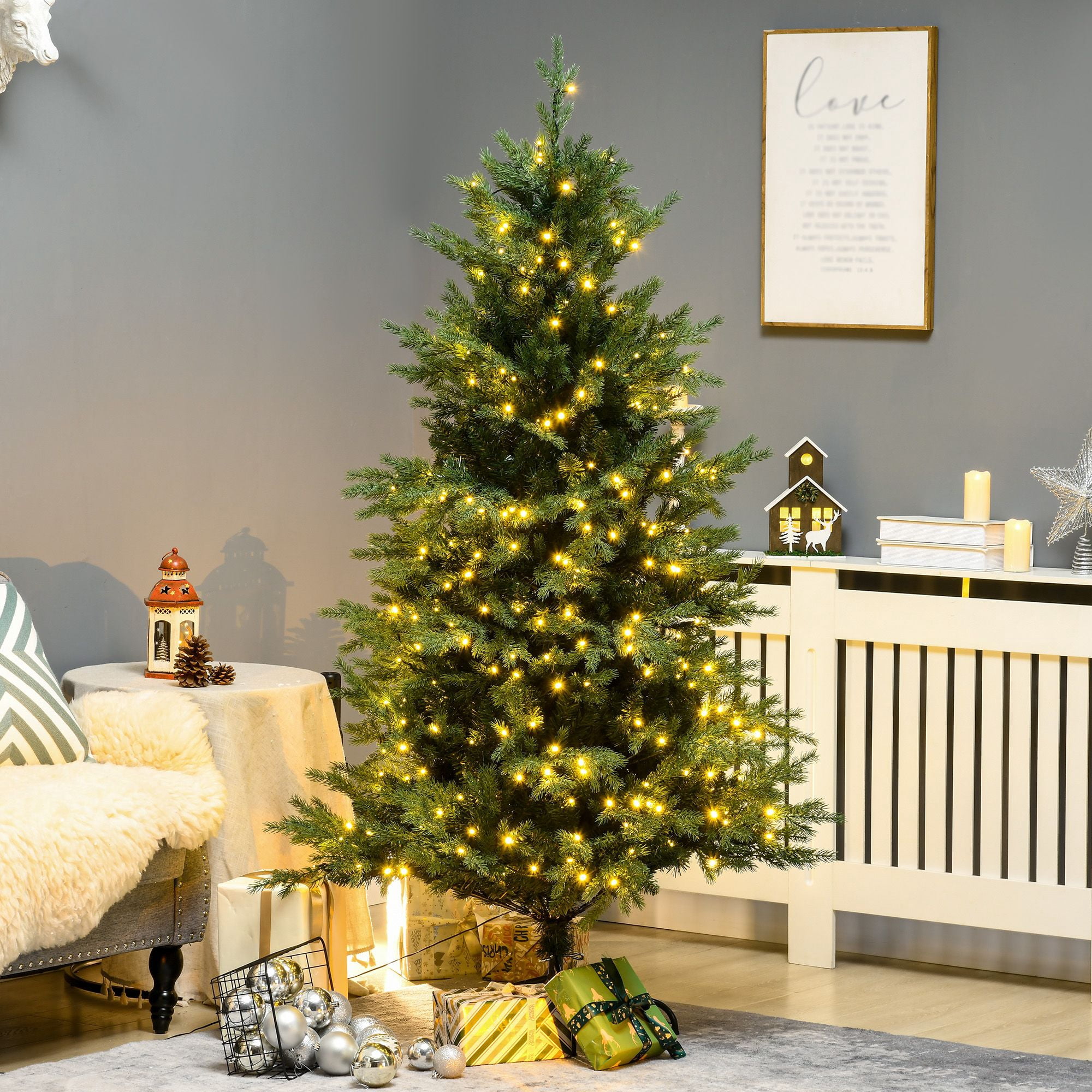 6 ft Artificial Prelit Christmas Tree with Warm White LED Lights, 8 Light Modes, Auto Open, 2328 Tips, 43.25 in Diameter, Indoor Holiday Decor