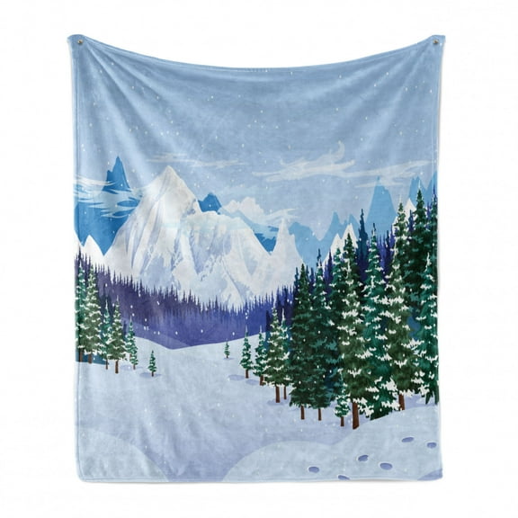 Winter Soft Flannel Fleece Throw Blanket, Graphical Silhouette of a Snowy View with Trees and Mountains Snowflakes, Cozy Plush for Indoor and Outdoor Use, 70" x 90", Multicolor, by Ambesonne
