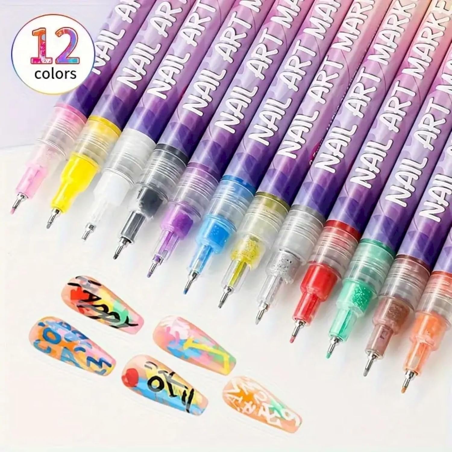 Pink Galaxy Nail Art Pens | 12 Colors Waterproof Nail Art Markers, Quick Dry Gel Polish Pens for DIY Drawing & Manicure